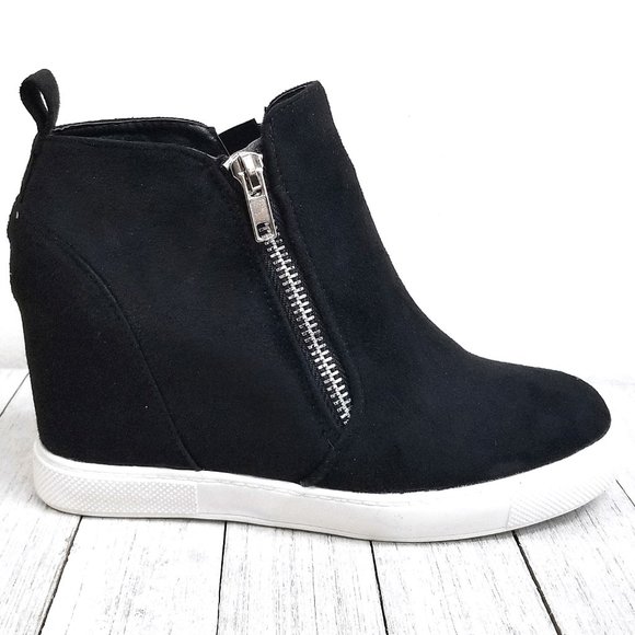 New Black Zipper Hidden Wedge High Top Sneakers - Picture 2 of 3